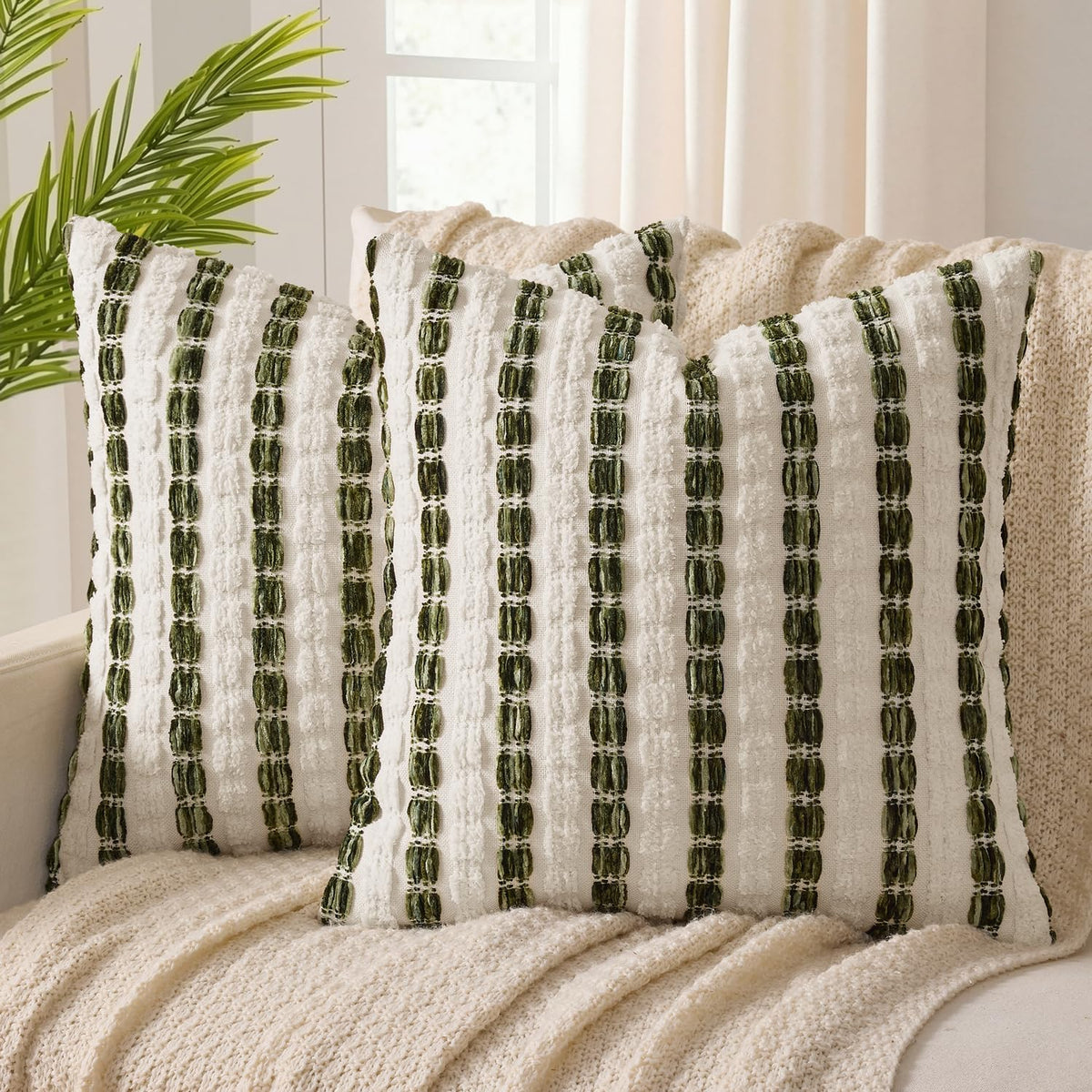 ANRODUO Boho Decorative Pillow Covers Olive Green Stripe 18x18 Pack of 2 | Throw Pillow Covers, Farmhouse Cushion Case, Chenille Pillow Cases, Pillow Covers, Accent Neutral Pillowcase for Couch Bed