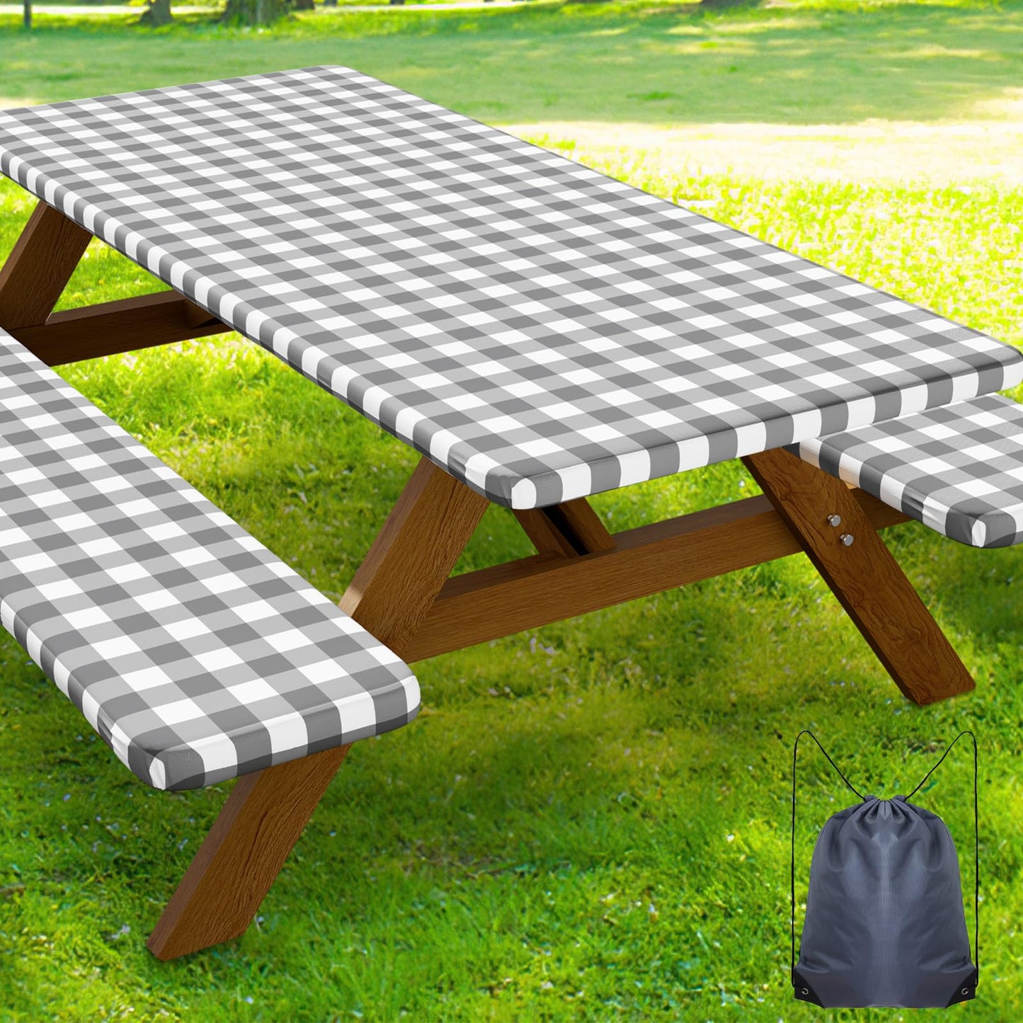 Smiry 6FT Picnic Table Cover with Bench Covers, Elastic Fitted Tablecloth | Waterproof Washable Rectangle Tablecloths ,Buffalo Plaid Tablecloth for Dining, Camping, Outdoor (Black & White, 30" x 72")