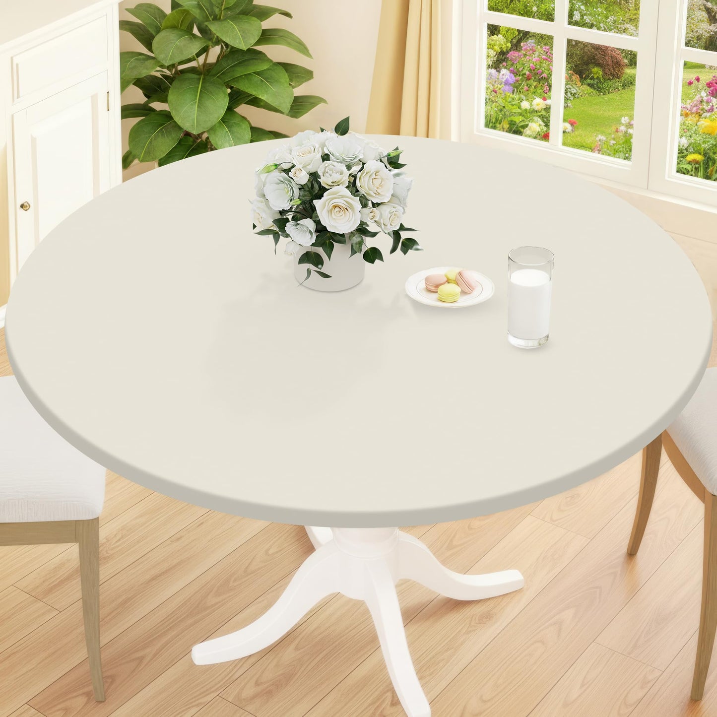 Smiry Round Picnic Tablecloth, Waterproof Elastic Fitted Table Covers for 45" - 56" Tables, Wipeable Flannel Backed Vinyl Tablecloths for Camping, Indoor, Outdoor, Grey & White