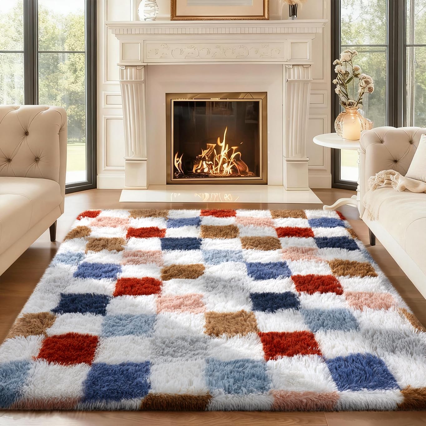 Ophanie 8x10 Area Rugs for Living Room, Washable Non-Slip Fluffy Soft Large Shag Bedroom Carpet, Ivory Big Indoor Nursery Rug, Carpets for Boy and Girls Room Dorm Decor with Over 99 pcs Pile fibers