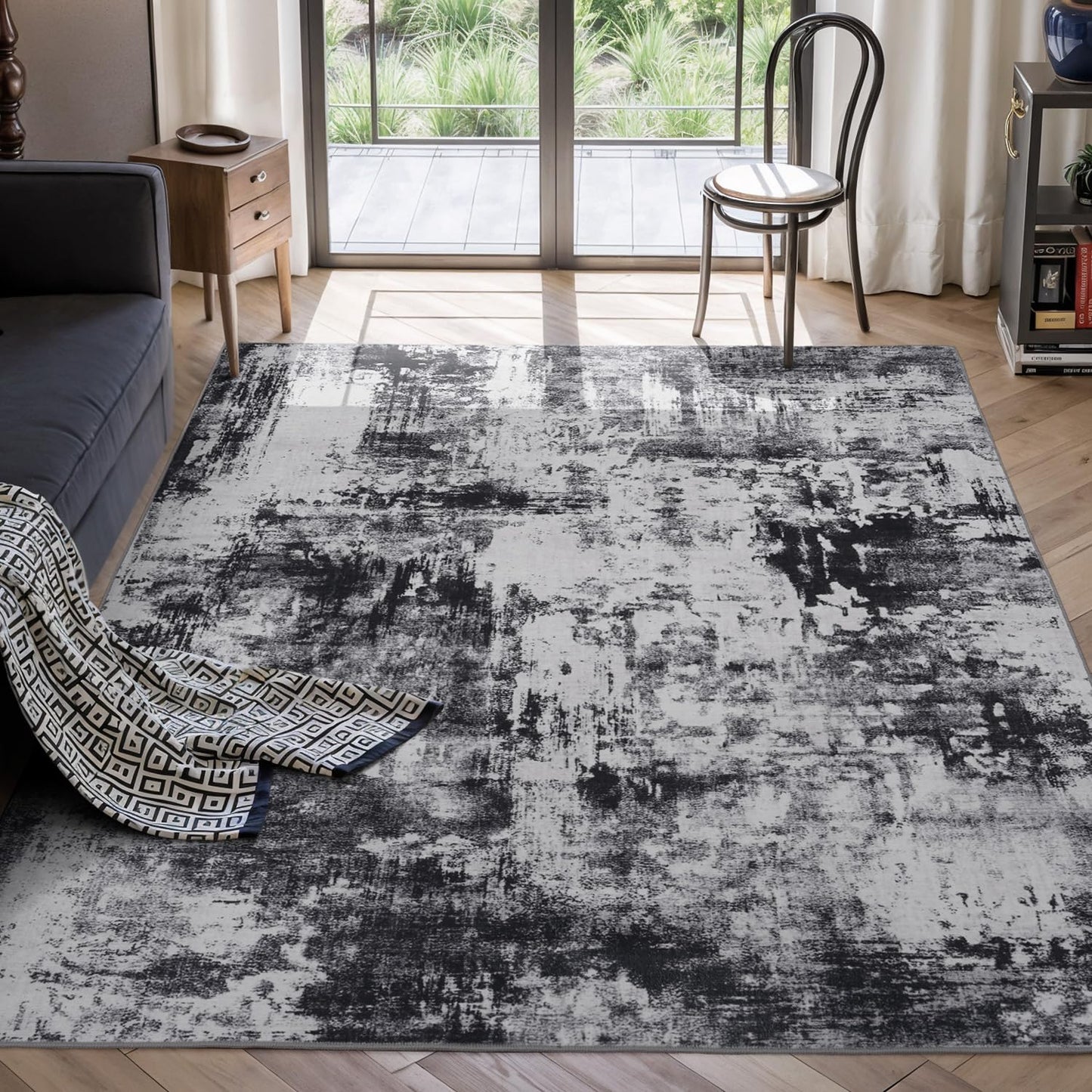 Rugflix 8x10 Area Rugs for Living Room, Washable Large Rug Stain-Resistant Low Pile, Modern Dark Carpet for Dining Room Home Office Kid Room Nursery Bedroom, Navy Blue/Black