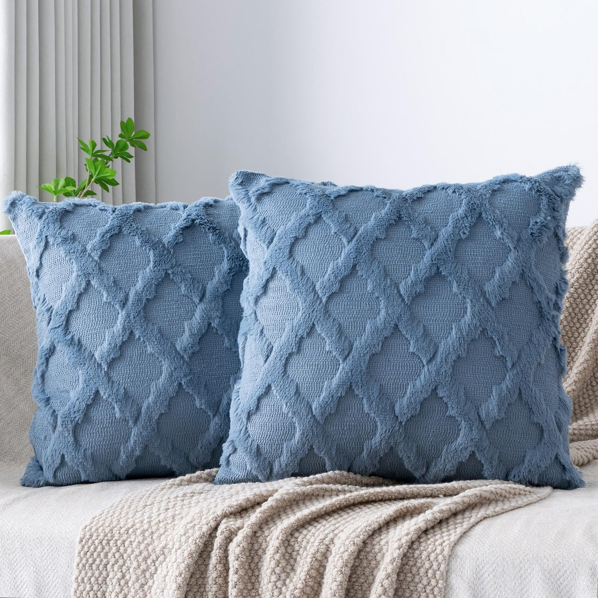Set of 2 Soft Moroccan Throw Pillow Covers 18x18 Inch Plush Boho Decorative Pillow Cover Accent Cushion Case for Couch Sofa Bed, Beige