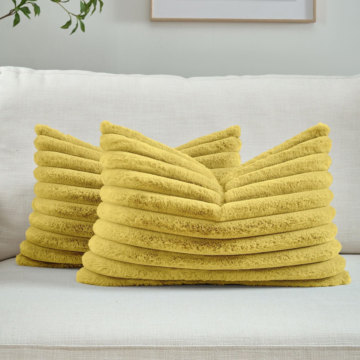 FUTEI Pack of 2 Faux Fur Throw Pillow Covers 18x18 Inch, Cream White | Fluffy Faux Rabbit Fur Front/Premium Velvet Back,Hidden Zipper,Machine Washable,Non-Shedding,Colorfast,Insert Not Included.