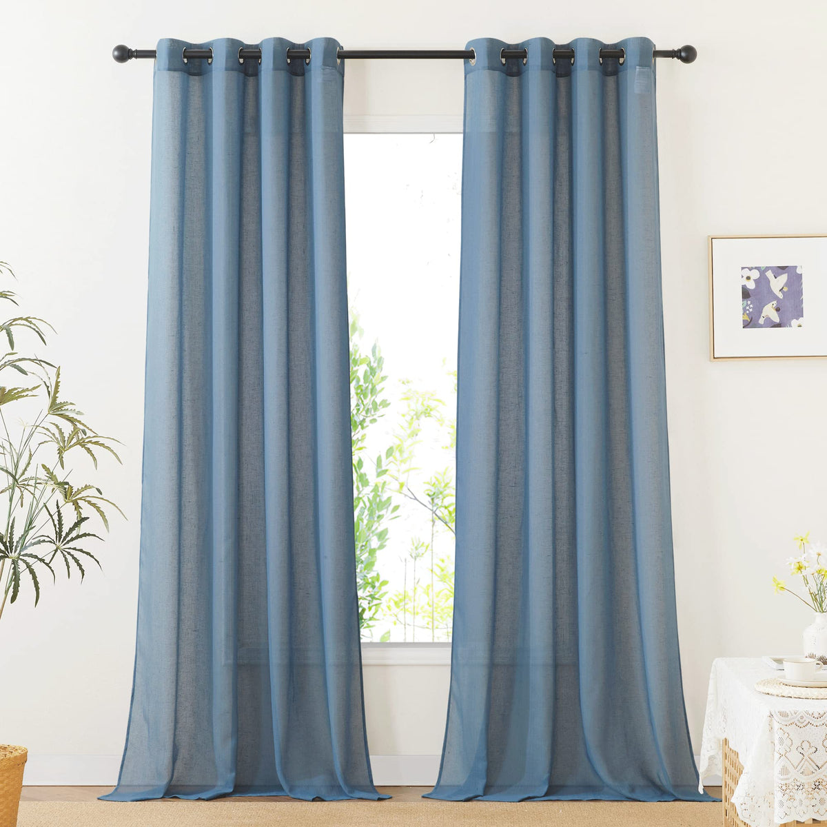 NICETOWN White Sheer Linen Curtains for Living Room 84 inch Length 2 Panels Set, Grommet Semi Sheer Privacy with Light Filtering Flax Window Treatments for Bedroom, W52 x L84