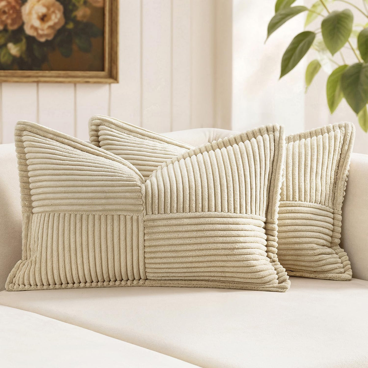 MIULEE Decorative Throw Pillow Covers for Couch 18x18 Inch Beige 2 Pack | Boho Broadside Striped Patchwork Pillow Covers, Soft Corduroy Cushion Cases, For Sofa Bed Livingroom Home Decor