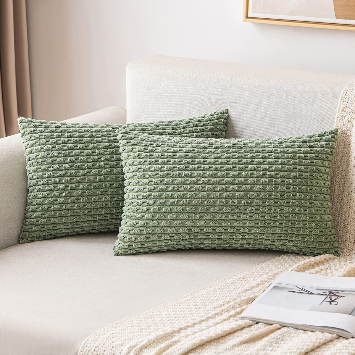 MIULEE Decorative Throw Pillow Covers 18x18 Sage Green Textured Corduroy | Pack of 2 Striped Pillow Covers Modern Farmhouse Home Decor for Couch Bed Sofa Living Room