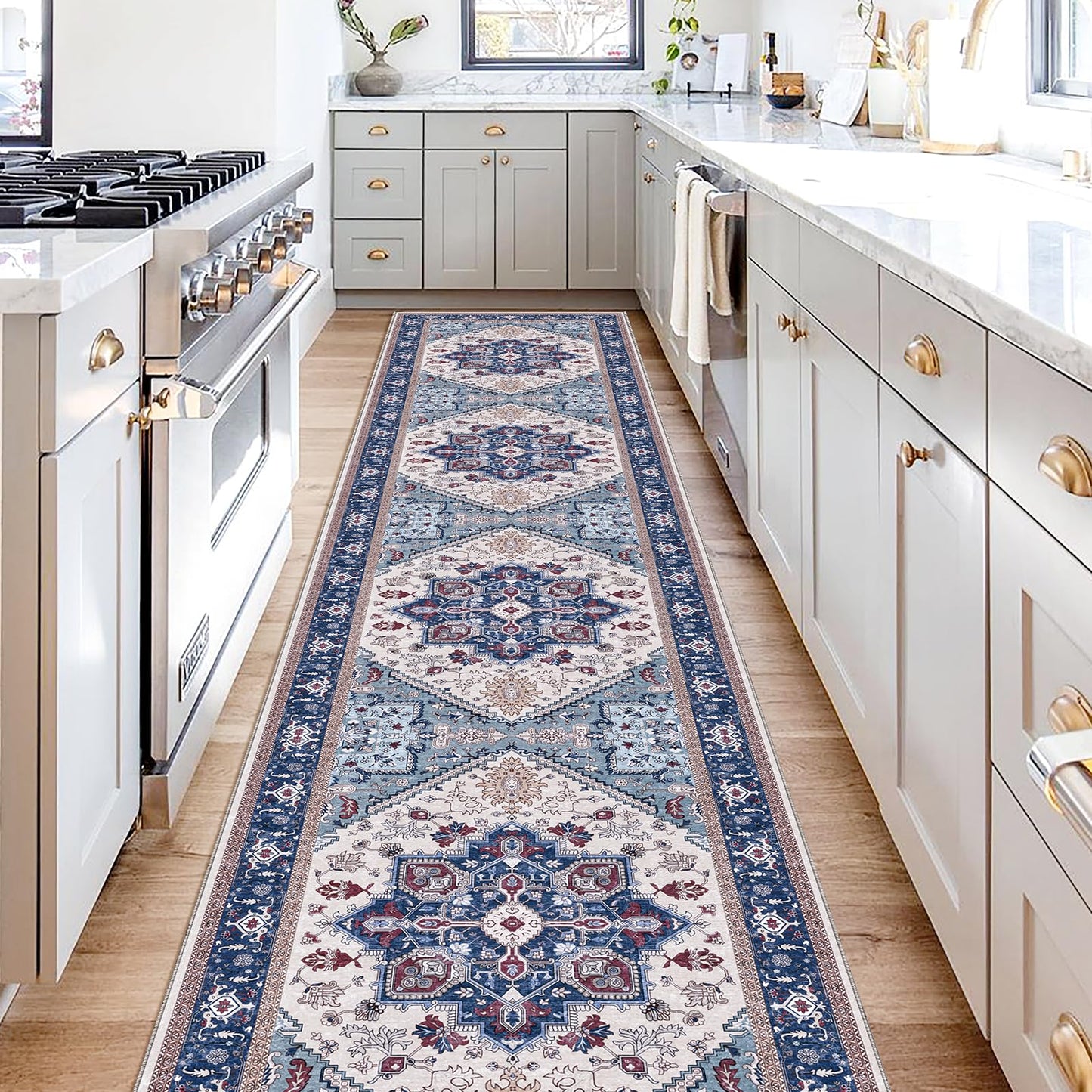 OPPODREAM Soft Area Rugs 5x7, Persian-Inspired Washable Rug, Blue & Gold | Low-Pile Faux Cashmere Surface, TPR Non-Slip Backing, 5 x 7 Carpet for Bedroom, Office, Dorm, Dining Room