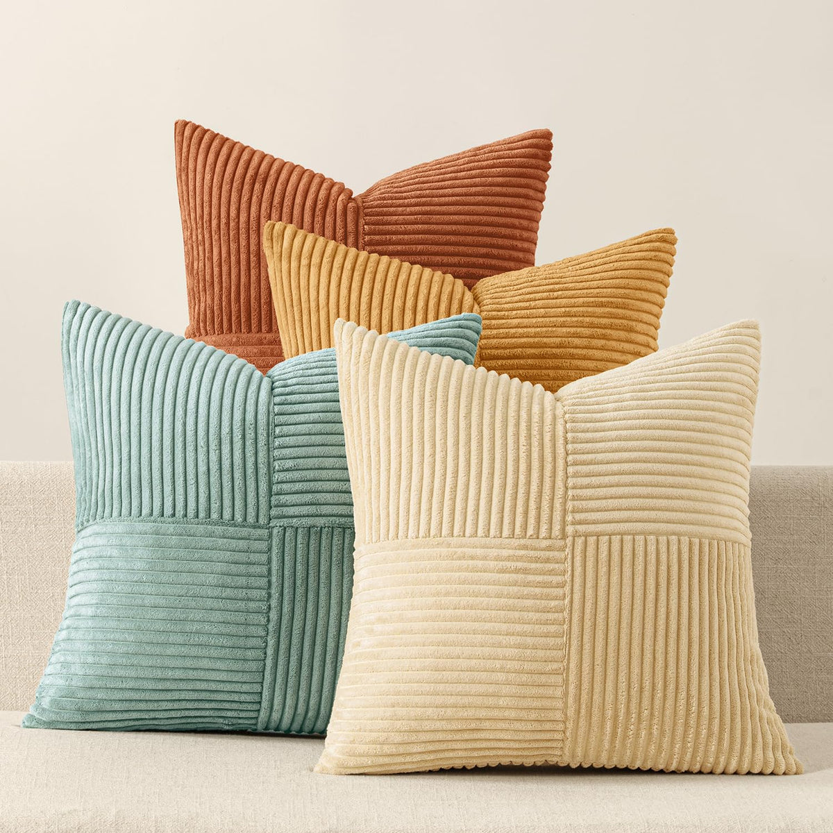 MIULEE Fall Teal Orange Decorative Throw Pillow Covers 18x18 Inch Set of 4 Boho Corduroy Striped Cushion Cases Modern Farmhouse Patchwork Pillow Cases for Couch Sofa Bedroom Home Decor