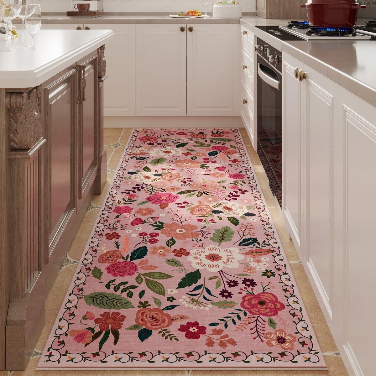 Rugcomf Living Room Rug 5x7 Rug Machine Washable Boho Area Rug Non Slip Floral Vintage Low Pile Large Rugs for Living Room, Bedroom, Farmhouse, Dining Room, Kids Playroom(Black)