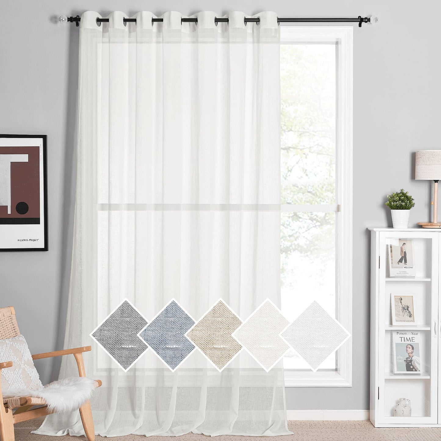 NICETOWN White Sheer Linen Curtains for Living Room 84 inch Length 2 Panels Set, Grommet Semi Sheer Privacy with Light Filtering Flax Window Treatments for Bedroom, W52 x L84