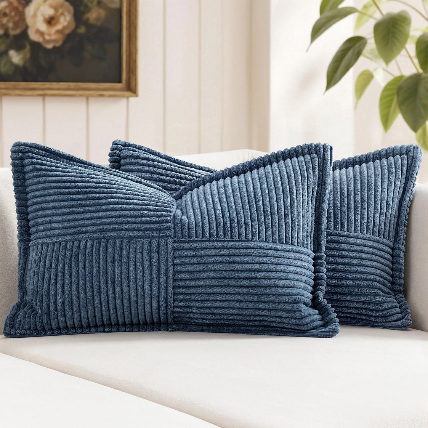MIULEE Decorative Throw Pillow Covers for Couch 18x18 Inch Beige 2 Pack | Boho Broadside Striped Patchwork Pillow Covers, Soft Corduroy Cushion Cases, For Sofa Bed Livingroom Home Decor