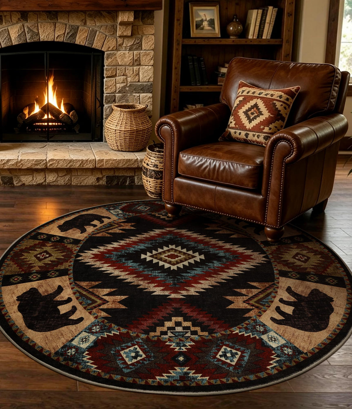 Rustic Cabin Area Rug 5x7,Machine Washable Lodge Bear Rug,Non-Slip Low Pile Print Pattern Southwestern Rug for Living Room Bedroom
