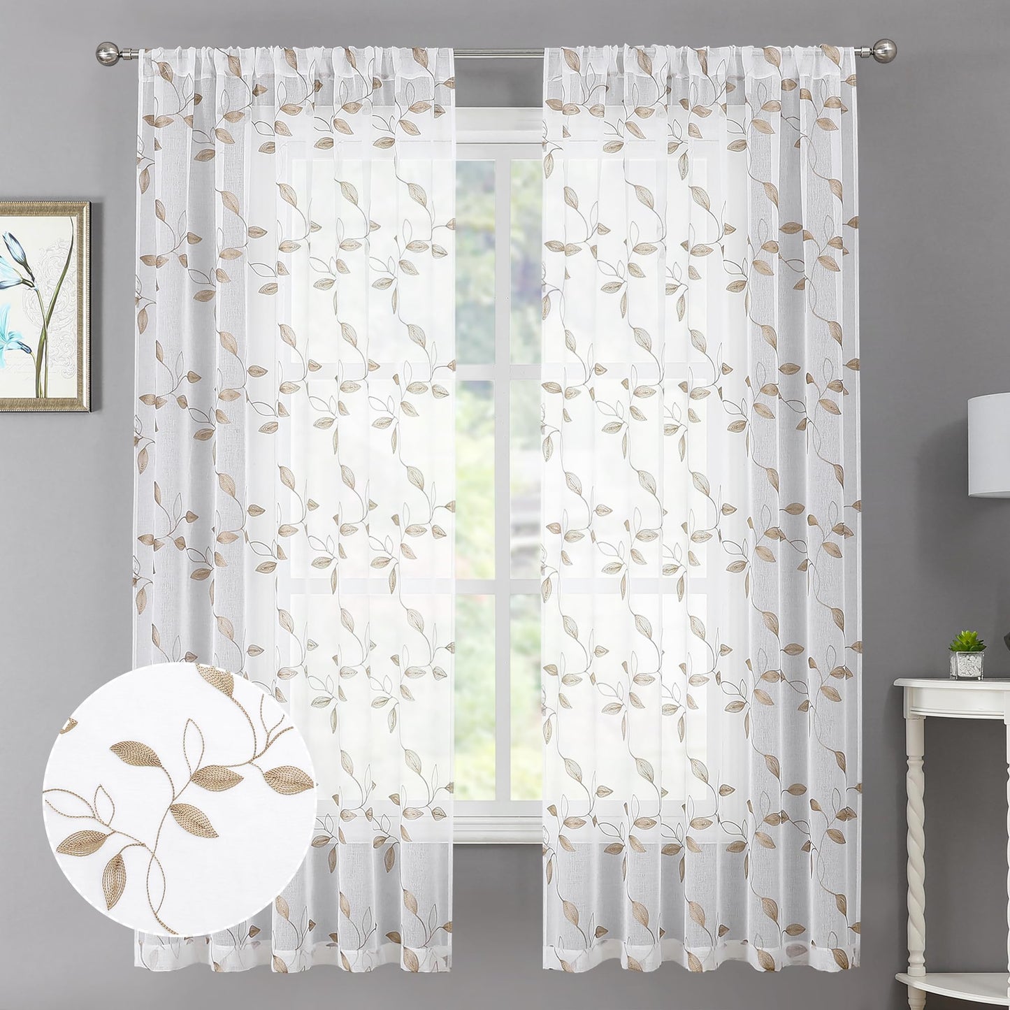 Tollpiz White Leaf Sheer Curtains Bedroom 54 x 84 Inches | Leaves Embroidered Curtain Rod Pocket Voile Window Treatment for Living Room, Set of 2 Panels