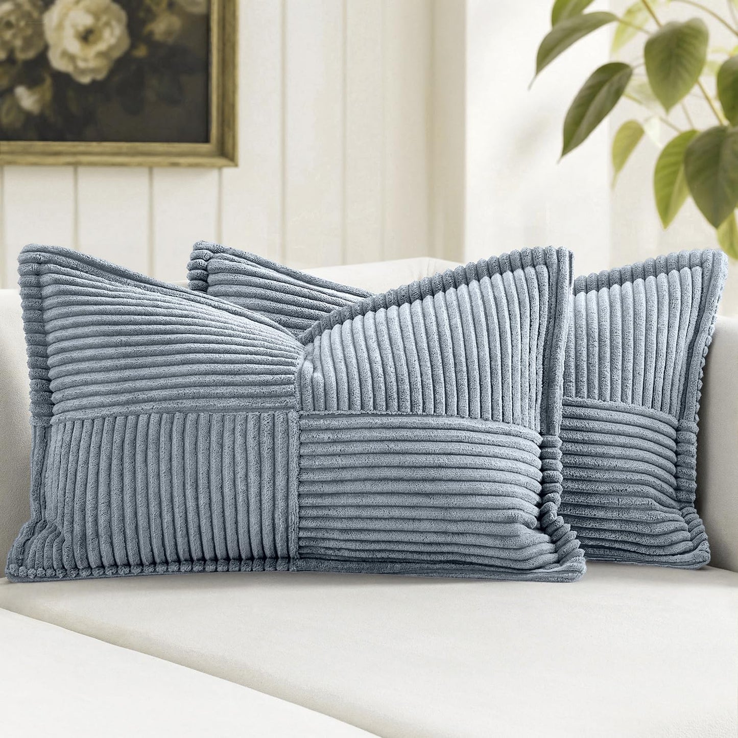 MIULEE Decorative Throw Pillow Covers for Couch 18x18 Inch Beige 2 Pack | Boho Broadside Striped Patchwork Pillow Covers, Soft Corduroy Cushion Cases, For Sofa Bed Livingroom Home Decor