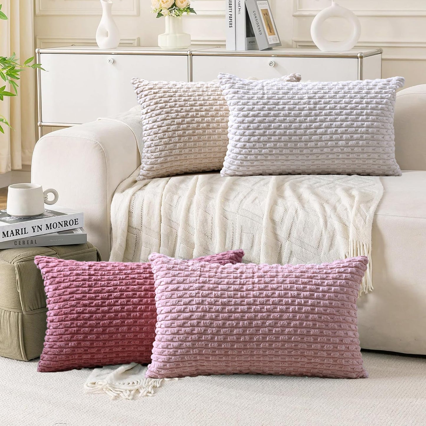 Set of 4 Neutral Decorative Throw Pillow Covers 18x18 Inch Corduroy Pillow Covers for Bed Couch Sofa Living Room Soft Square Cushion Cases