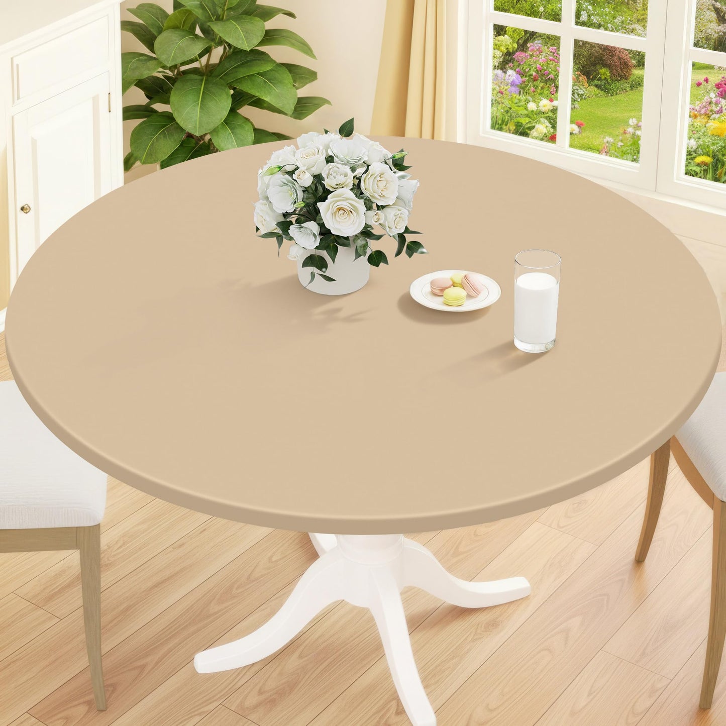 Smiry Round Picnic Tablecloth, Waterproof Elastic Fitted Table Covers for 45" - 56" Tables, Wipeable Flannel Backed Vinyl Tablecloths for Camping, Indoor, Outdoor, Grey & White