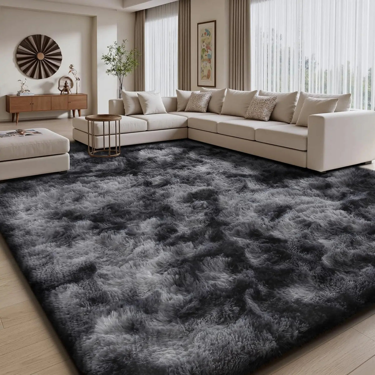 ComiComi Tie-Dye Shaggy 8x10 Area Rugs For Living Room, Ultra Soft Fluffy Plush Furry Carpet, Machine Washable, Non-Slip, Large Fuzzy Rugs For Bedroom,Gaming Room, Stream Room, Men's Room Apartment Decor, Dark Gray Black, Cool Rugs For Teenage Boy