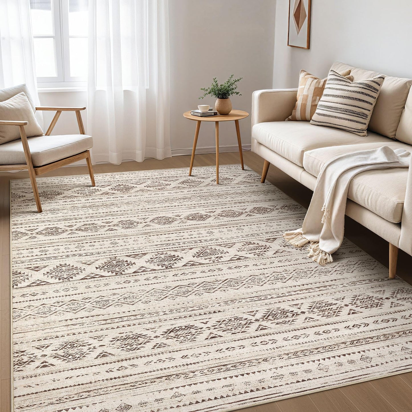 Nakagishi Boho 5x7 Area Rug Living Room Rugs Machine Washable Beige/Brown | Soft, Pet & Kid Friendly, Carpet for Living Room/Bedroom/Office/Kitchen/Nursery, Daily Home Decor Stain Resistant Moroccan