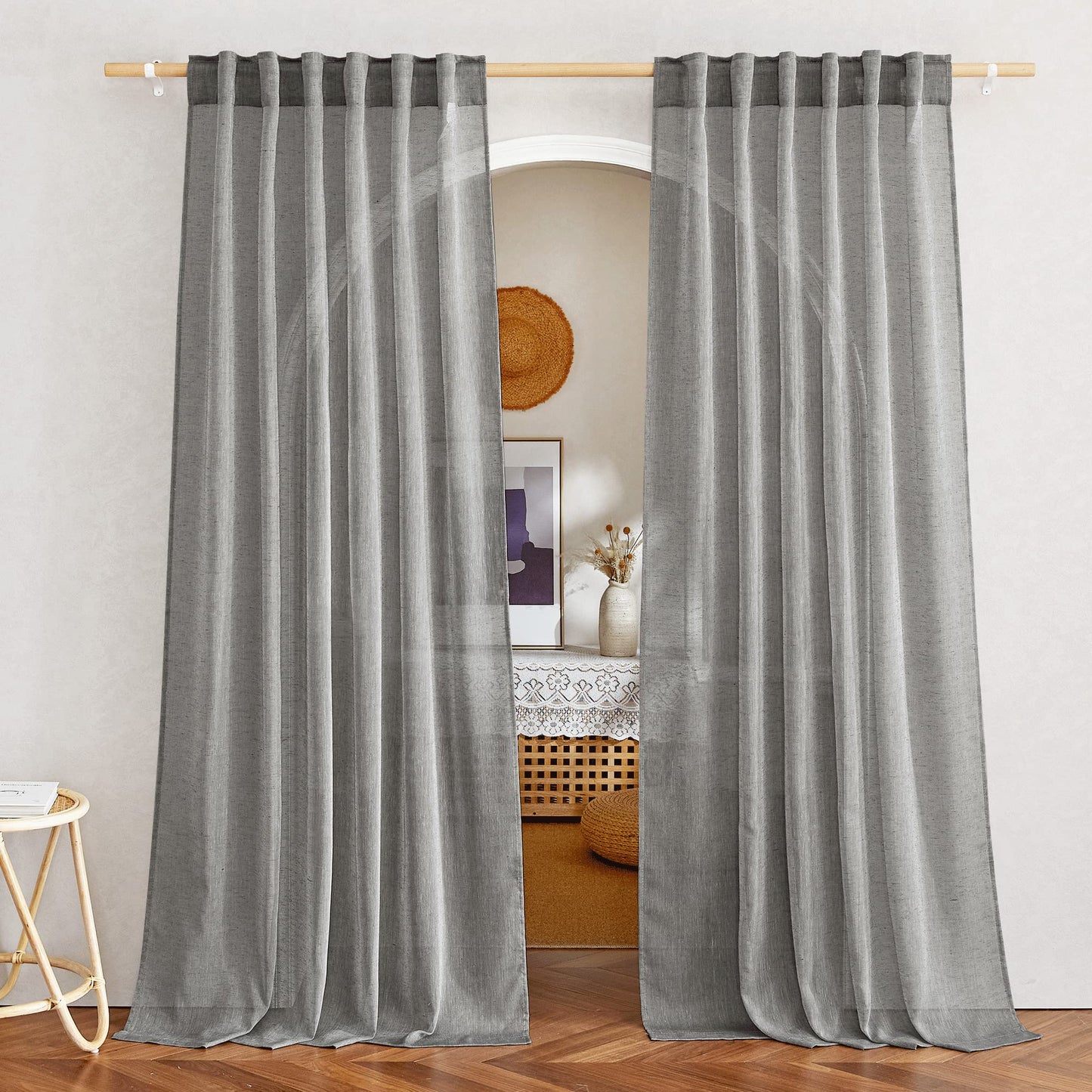 NICETOWN Semi Sheer White Curtains 84 inch Long, Rod Pocket & Back Tab Sheer Linen Curtains & Drapes Balance Privacy & Light Panels for Bedroom/Living Room, W52 x L84, 2 Panels