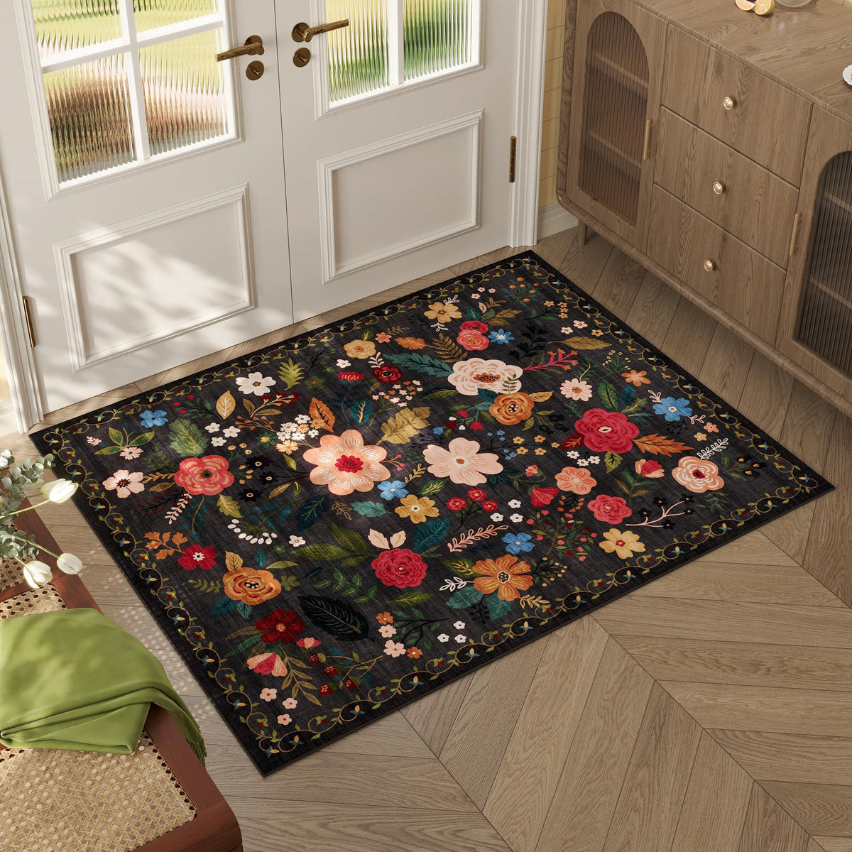 Rugcomf Living Room Rug 5x7 Rug Machine Washable Boho Area Rug Non Slip Floral Vintage Low Pile Large Rugs for Living Room, Bedroom, Farmhouse, Dining Room, Kids Playroom(Black)