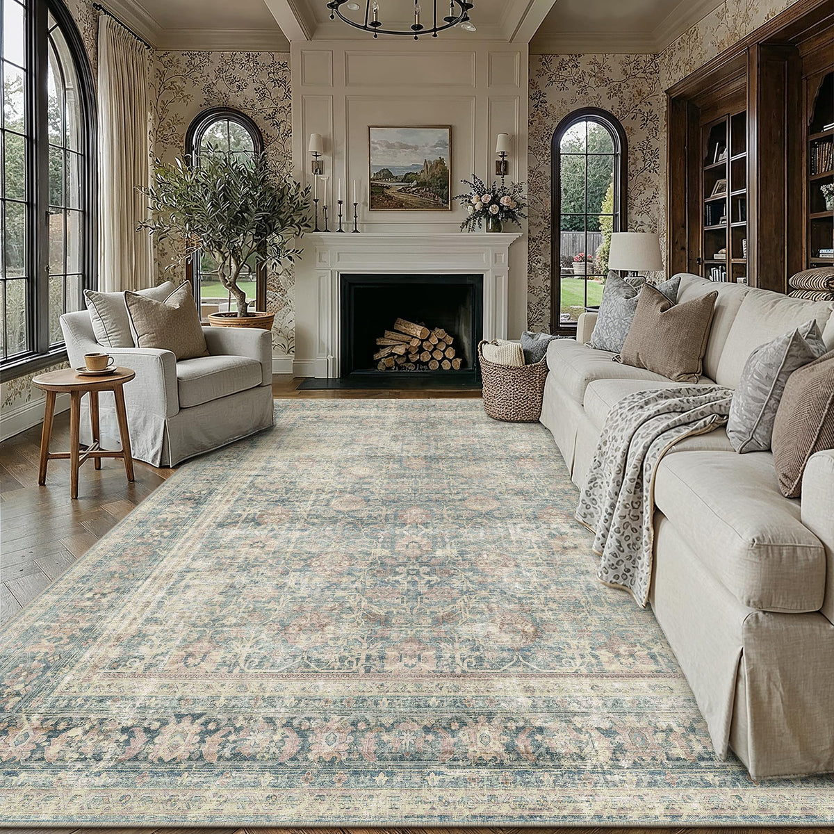8x10 Area Rug Brown Vintage Distressed Carpet | Washable, Non Slip, Soft Low Pile, Indoor Retro Rugs for Large Living Room, Dining Room, Bedroom