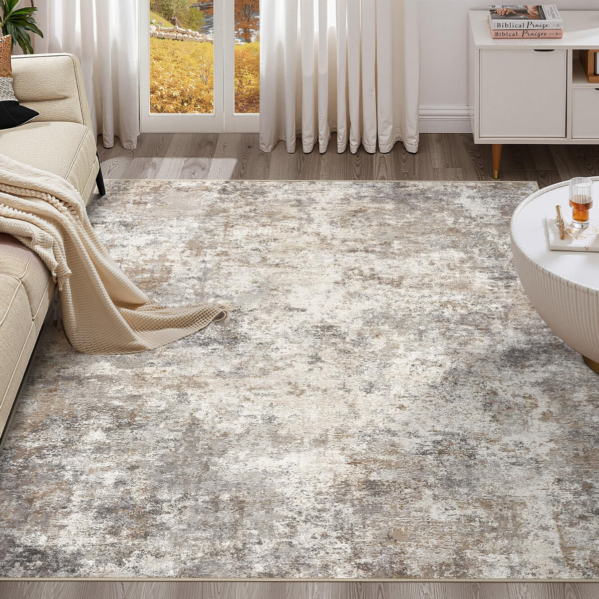 UERMEI 9x12 Area Rug Living Room Rugs - Washable Neutral Modern Abstract Soft Thin Large Rug Indoor Floor No Slip Rug Carpet for Bedroom Under Dining Table Home Office Decor - Brown Grey