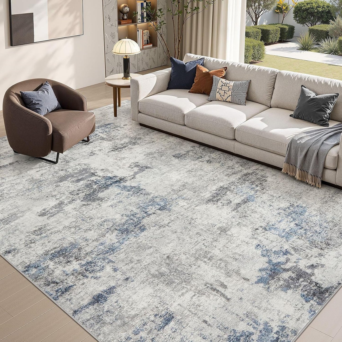 DMOYEST 8x10 Area Rug for Living Room Washable Abstract Indoor Carpet | Neutral Modern Low Pile Rugs Kid & Pet Friendly Large Soft Thin Carpet for Bedroom Dining Room - Grey Blue