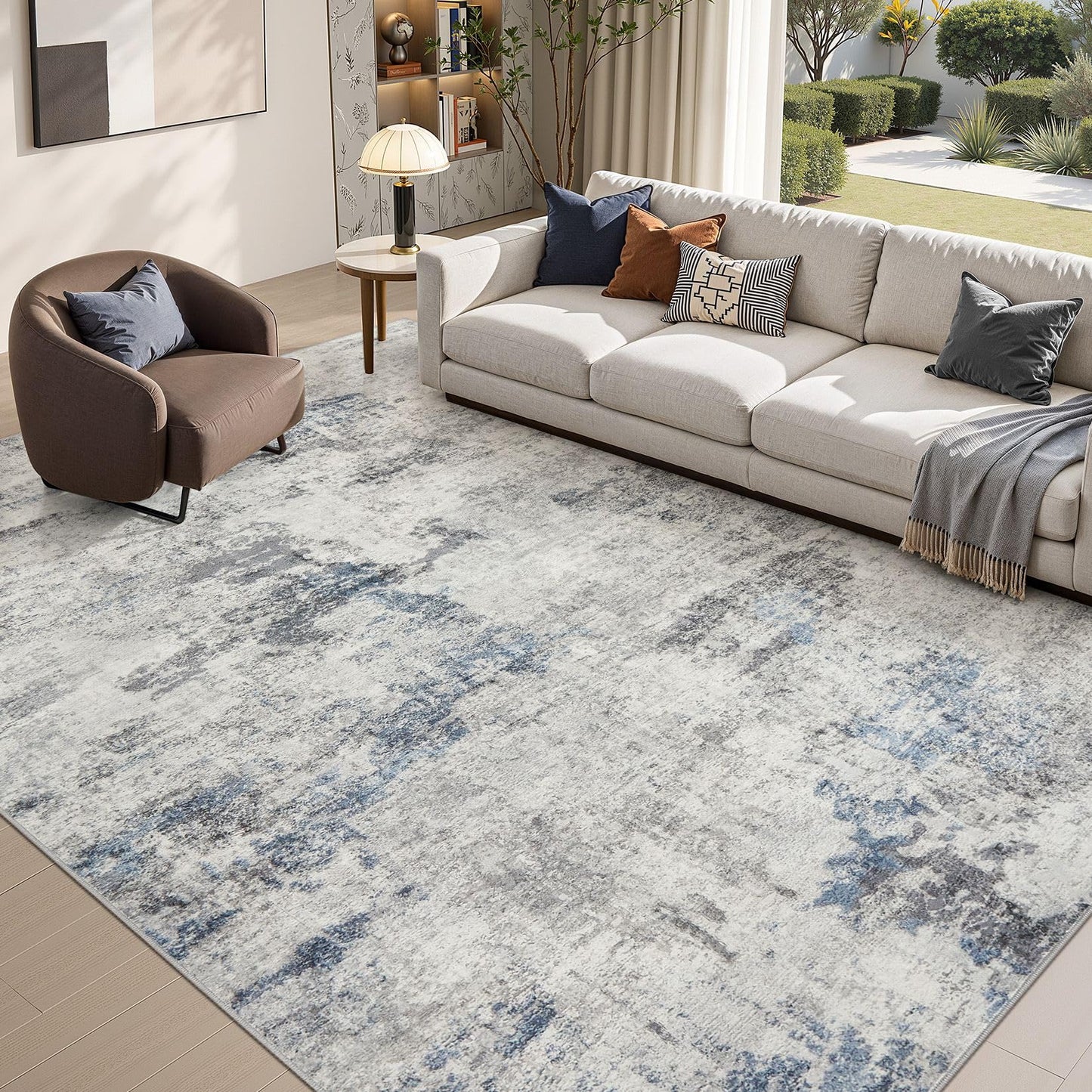 DMOYEST 8x10 Area Rug for Living Room Washable Abstract Indoor Carpet | Neutral Modern Low Pile Rugs Kid & Pet Friendly Large Soft Thin Carpet for Bedroom Dining Room - Grey Blue