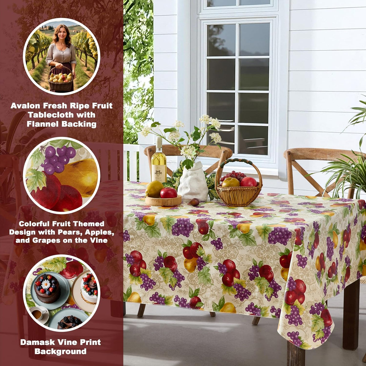 Newbridge Avalon Fresh Ripe Fruit 52”x52” Square Vinyl Tablecloth | Apples, Peaches, Pear and Grape Fruit Print Indoor Outdoor Waterproof Easy Care Vinyl Table Cover with Flannel Backing