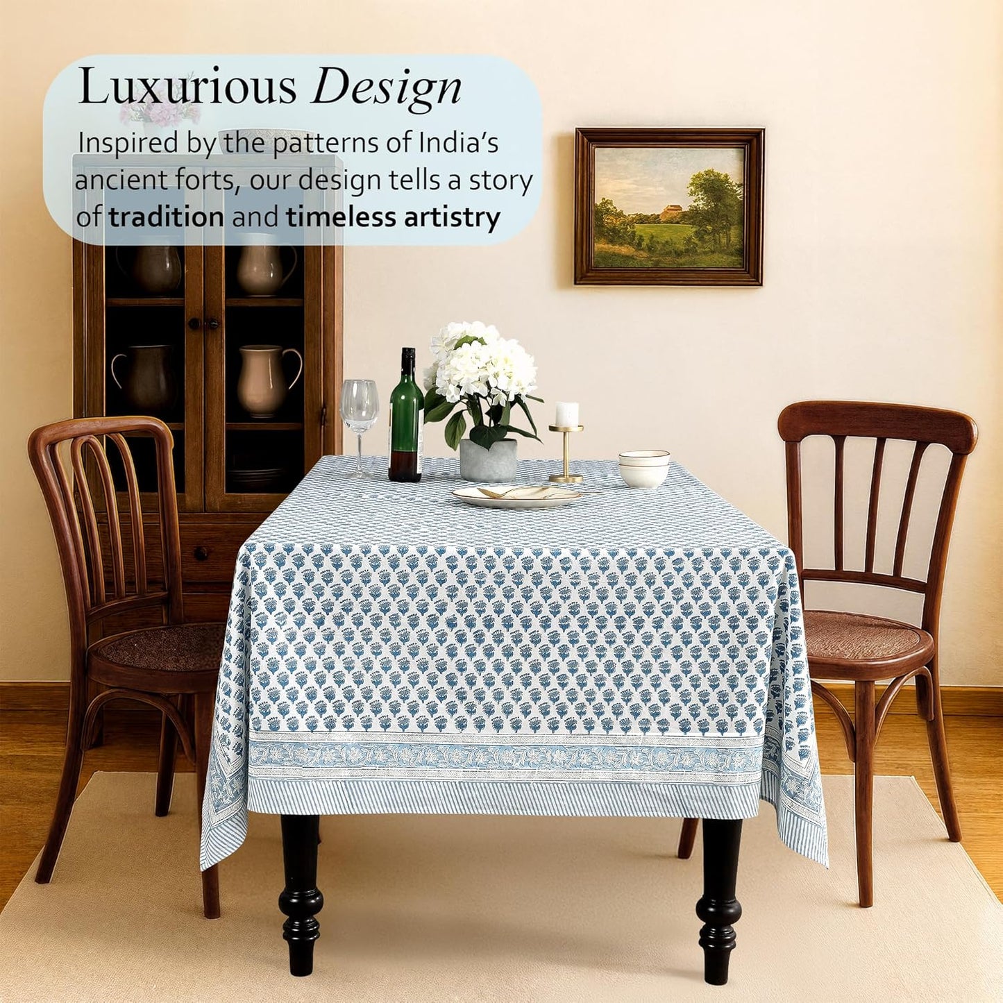 CPC Tablecloth 100% Cotton 70x108 Inch Indian Block Print Rectangle Table Cover, Blue Table Cloth for Weddings, Spring/Summer, Barbeque - Apatite Blue