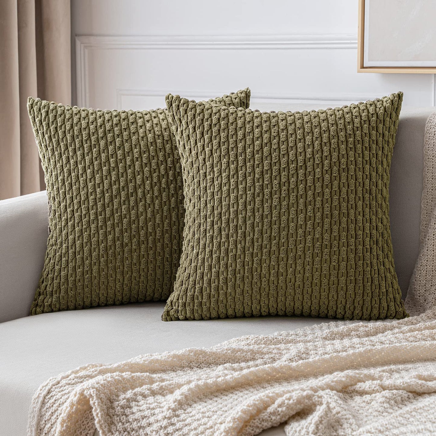 MIULEE Decorative Throw Pillow Covers 18x18 Sage Green Textured Corduroy | Pack of 2 Striped Pillow Covers Modern Farmhouse Home Decor for Couch Bed Sofa Living Room
