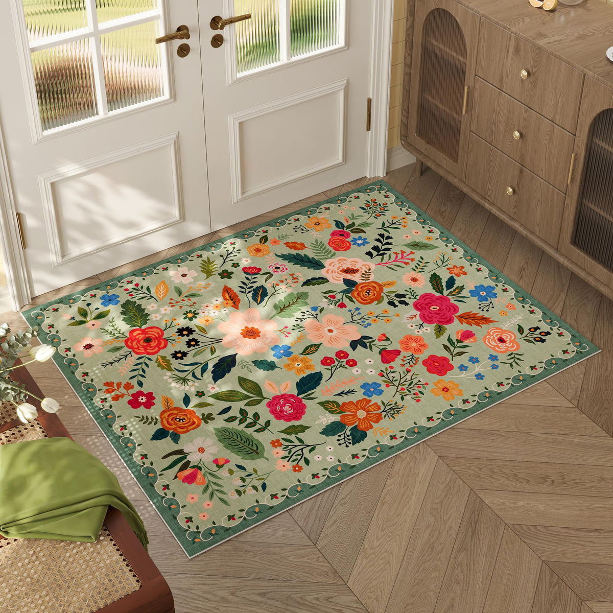 Rugcomf Living Room Rug 5x7 Rug Machine Washable Boho Area Rug Non Slip Floral Vintage Low Pile Large Rugs for Living Room, Bedroom, Farmhouse, Dining Room, Kids Playroom(Black)