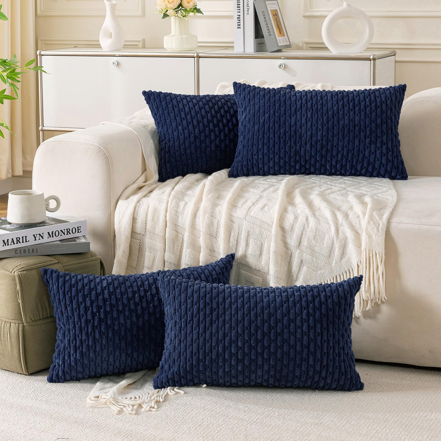 Set of 4 Neutral Decorative Throw Pillow Covers 18x18 Inch Corduroy Pillow Covers for Bed Couch Sofa Living Room Soft Square Cushion Cases