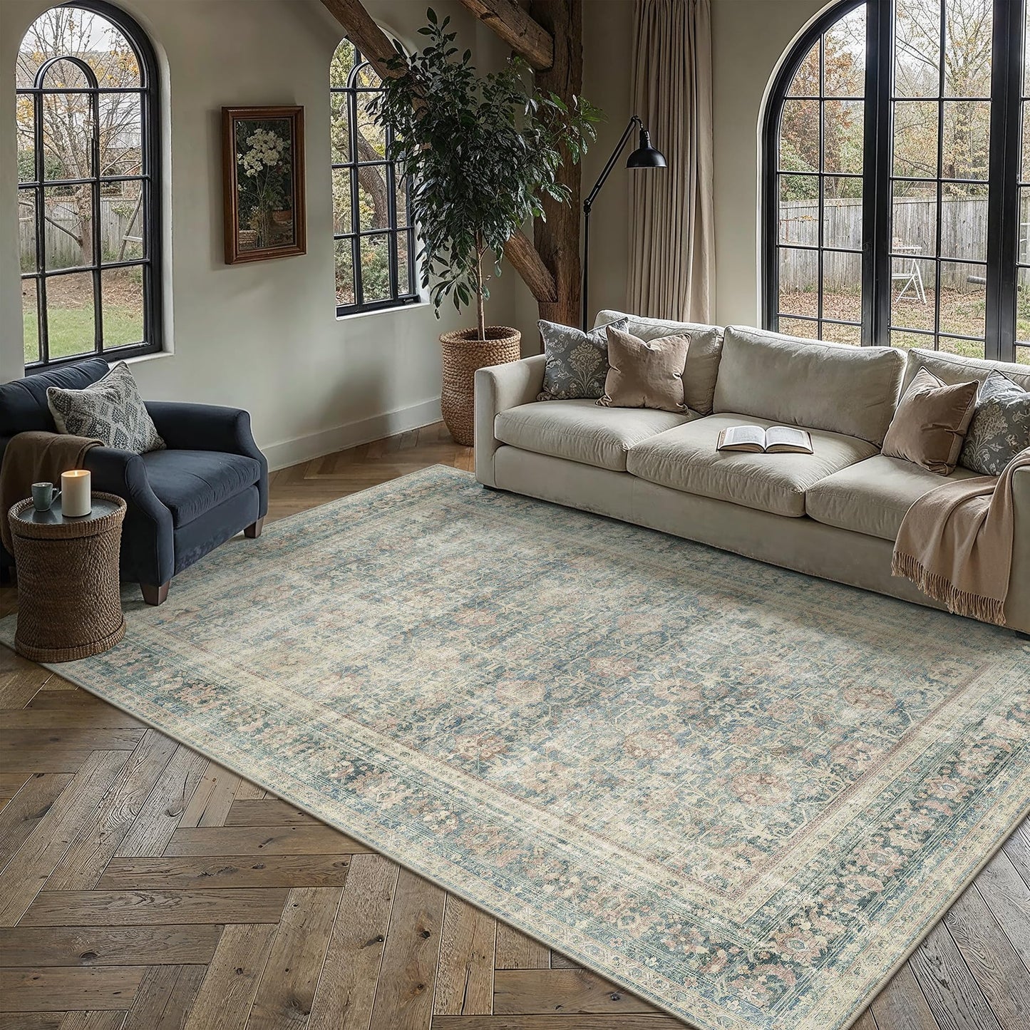 8x10 Area Rug Brown Vintage Distressed Carpet | Washable, Non Slip, Soft Low Pile, Indoor Retro Rugs for Large Living Room, Dining Room, Bedroom