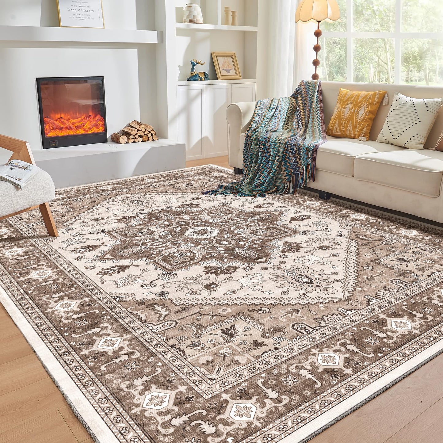 OPPODREAM Soft Area Rugs 5x7, Persian-Inspired Washable Rug, Blue & Gold | Low-Pile Faux Cashmere Surface, TPR Non-Slip Backing, 5 x 7 Carpet for Bedroom, Office, Dorm, Dining Room