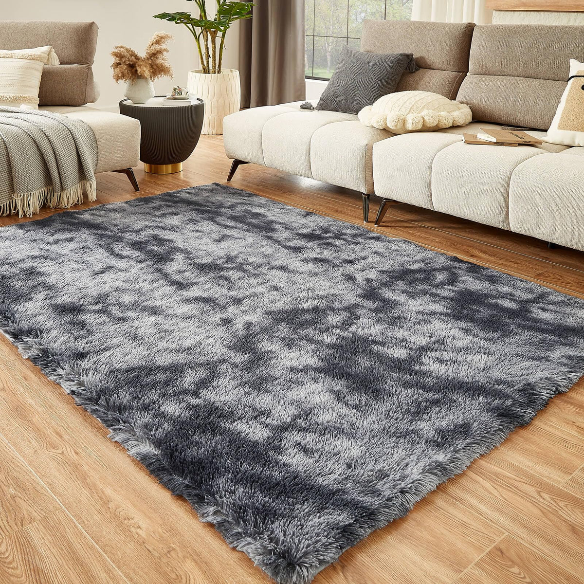 Floralux Rugs for Living Room, 6x9 Large Shag Area Rug, Tie-Dyed Light Grey Soft Fluffy Carpets for Bedroom
