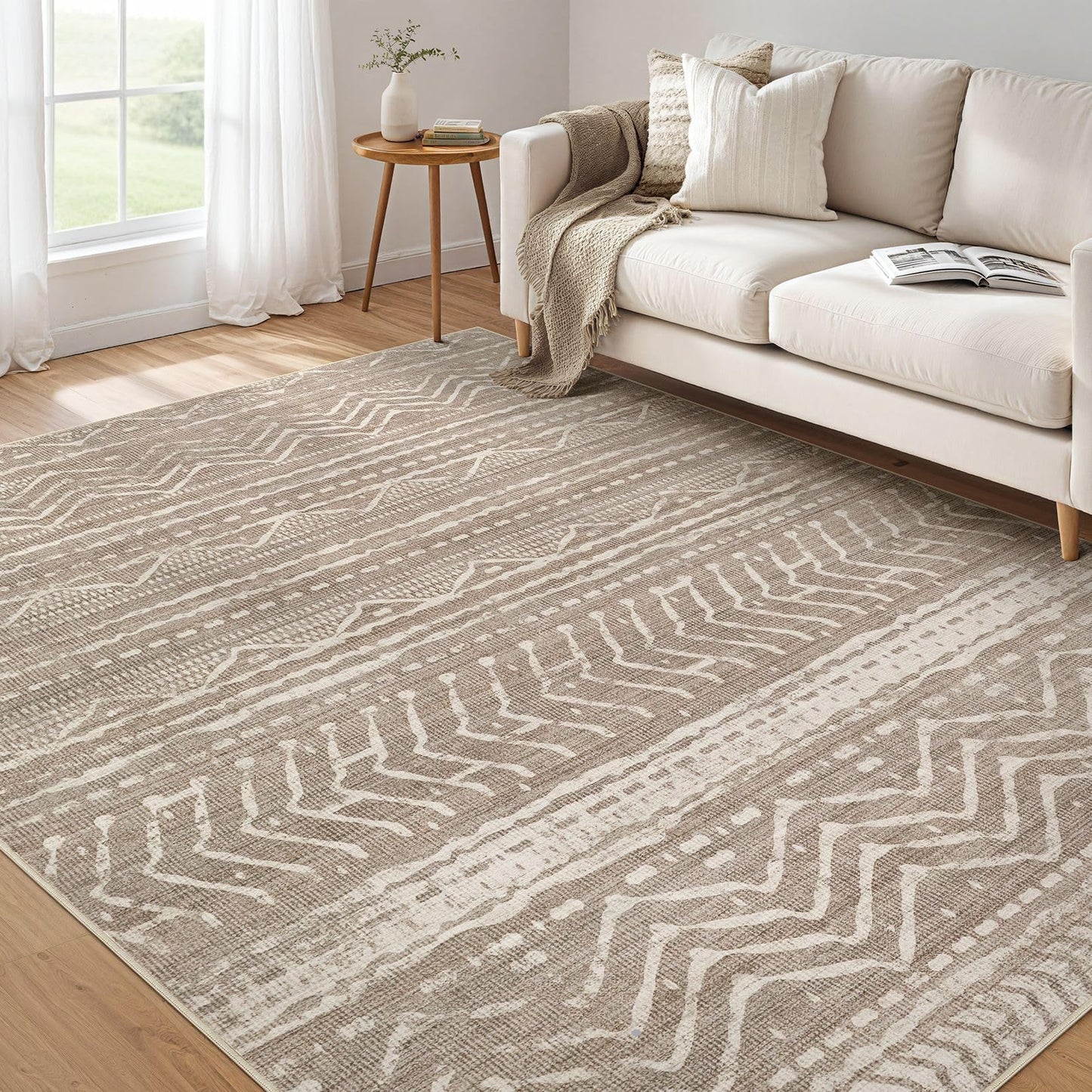 Nakagishi Boho 5x7 Area Rug Living Room Rugs Machine Washable Beige/Brown | Soft, Pet & Kid Friendly, Carpet for Living Room/Bedroom/Office/Kitchen/Nursery, Daily Home Decor Stain Resistant Moroccan
