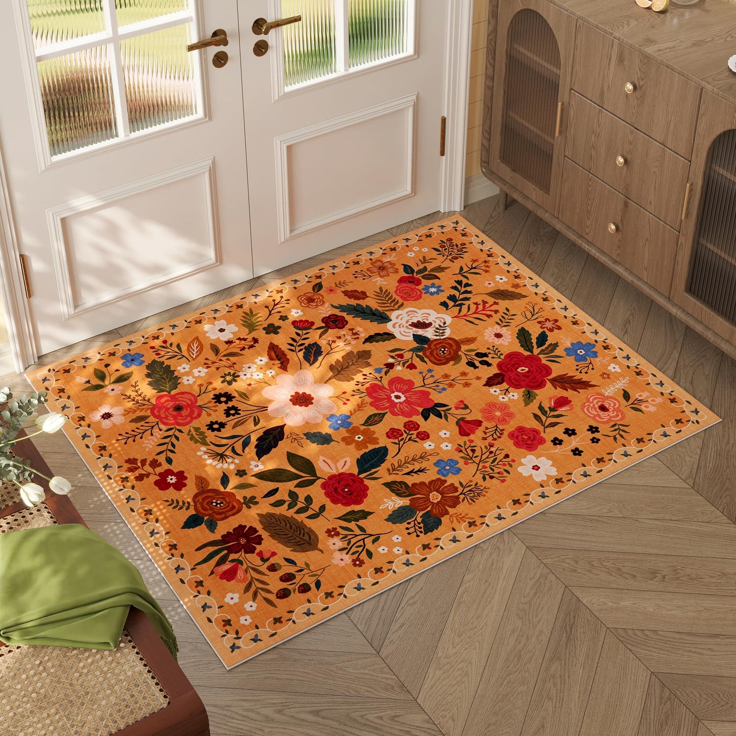 Rugcomf Living Room Rug 5x7 Rug Machine Washable Boho Area Rug Non Slip Floral Vintage Low Pile Large Rugs for Living Room, Bedroom, Farmhouse, Dining Room, Kids Playroom(Black)