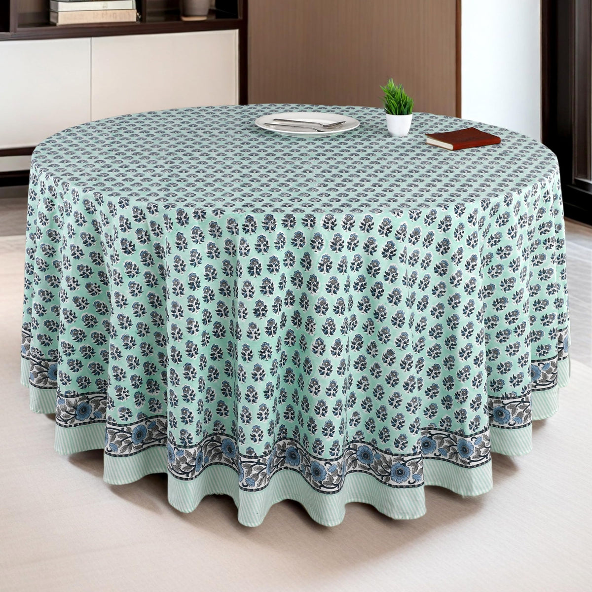 CPC Apatite Blue Block Print Cotton Handmade Round Tablecloth 110 Inch Decorative Table Cover for Home Decor, Dinning, Festive, Wedding, Farmhouse Gift for Spring, Mother's Day