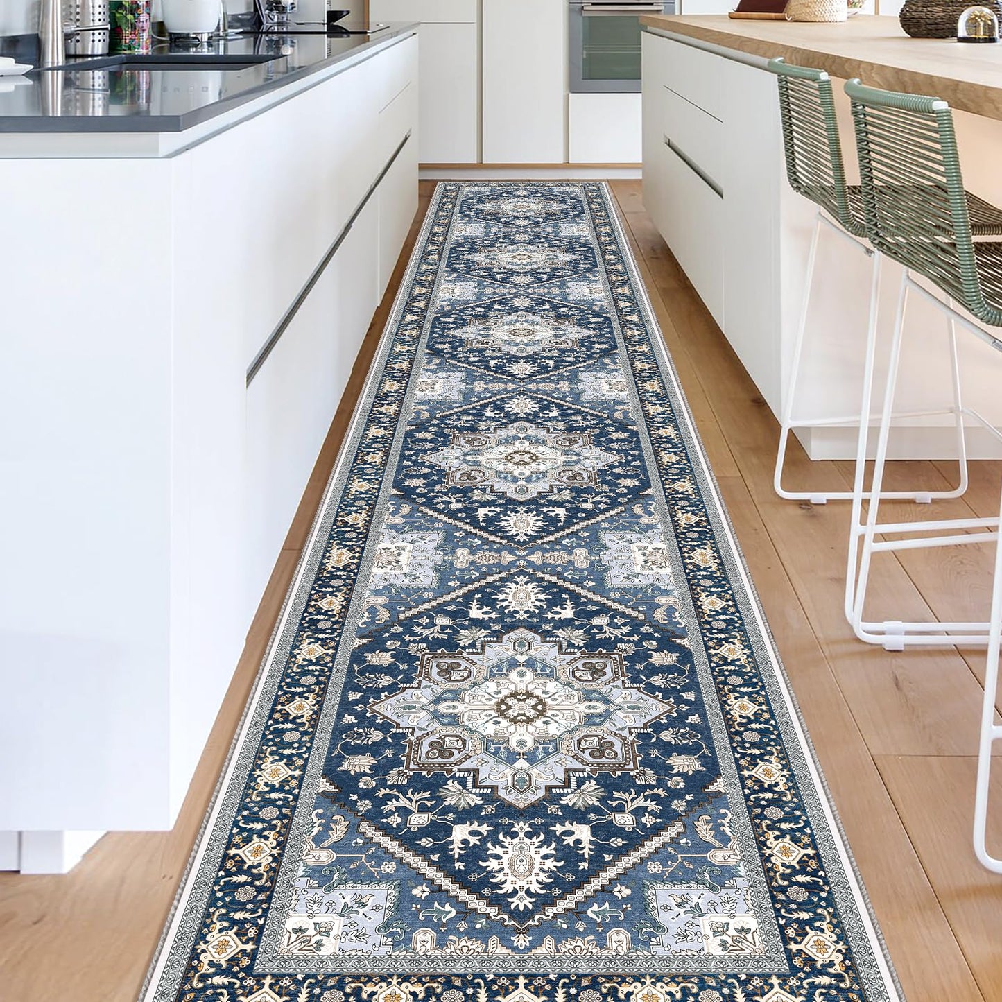 OPPODREAM Soft Area Rugs 5x7, Persian-Inspired Washable Rug, Blue & Gold | Low-Pile Faux Cashmere Surface, TPR Non-Slip Backing, 5 x 7 Carpet for Bedroom, Office, Dorm, Dining Room