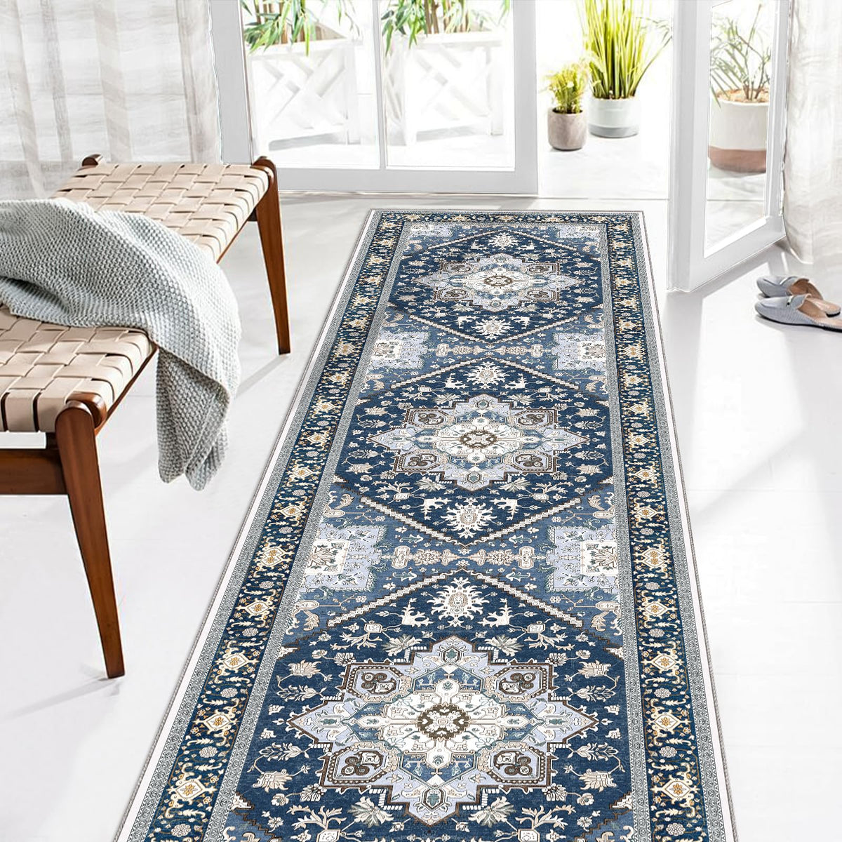 OPPODREAM Soft Area Rugs 5x7, Persian-Inspired Washable Rug, Blue & Gold | Low-Pile Faux Cashmere Surface, TPR Non-Slip Backing, 5 x 7 Carpet for Bedroom, Office, Dorm, Dining Room