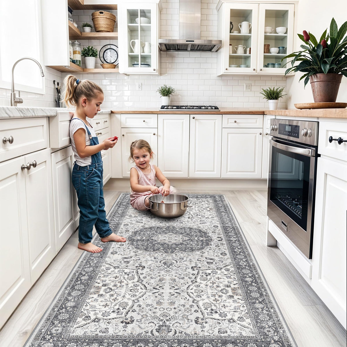 2x6 Hallway Washable Runner Rug : Vintage Soft Kitchen Laundry Runner with Non Slip Backing Farmhouse Entryway Living Room Floor Mat Stain Resistant Carpet for Bedroom Bathroom Distressed Beside Rug