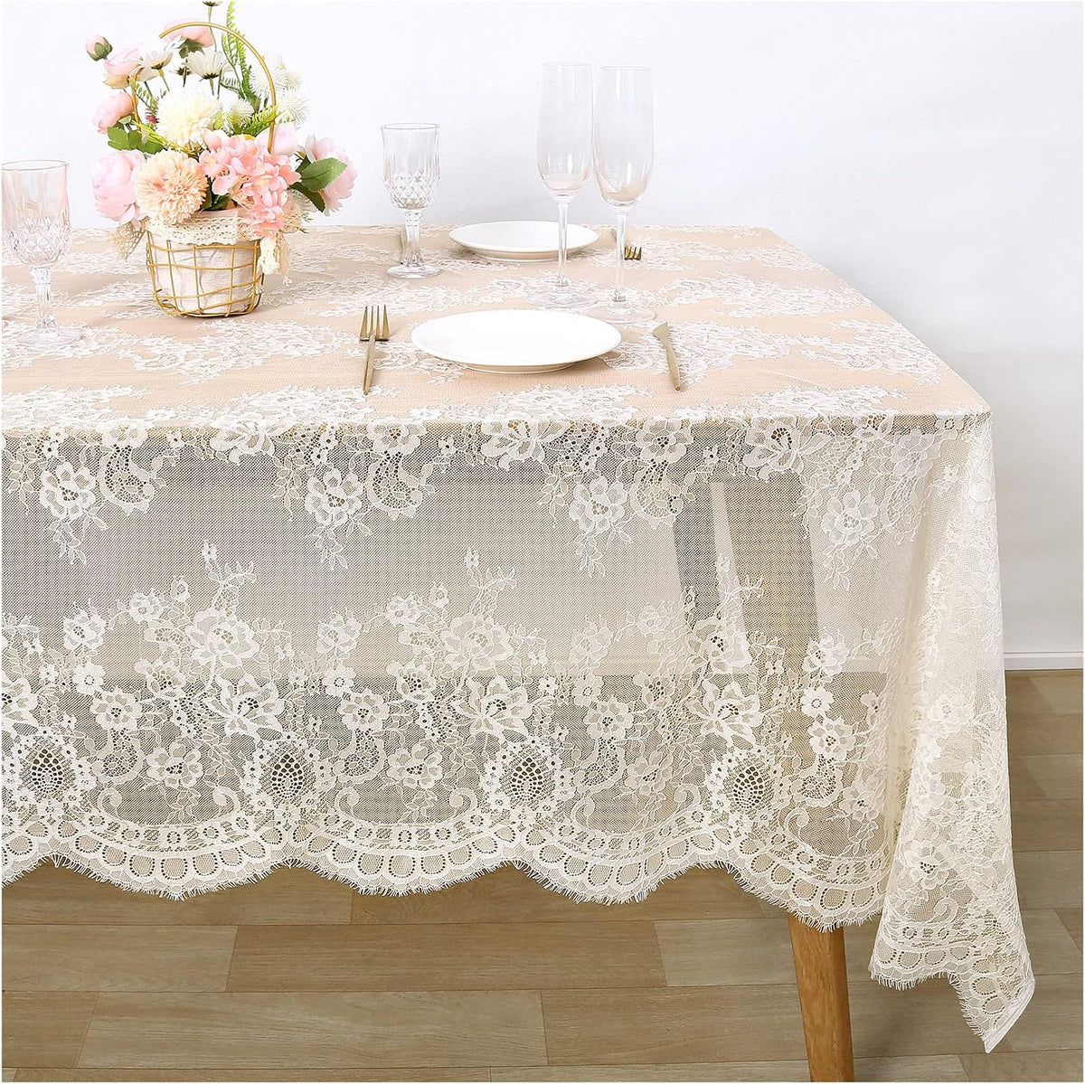 Fanqisi Ivory Lace Tablecloth 60x120 Inches Classic Wedding Lace Tablecloths Overlay Party Table Cover for Bridal Shower Reception Table Decoration