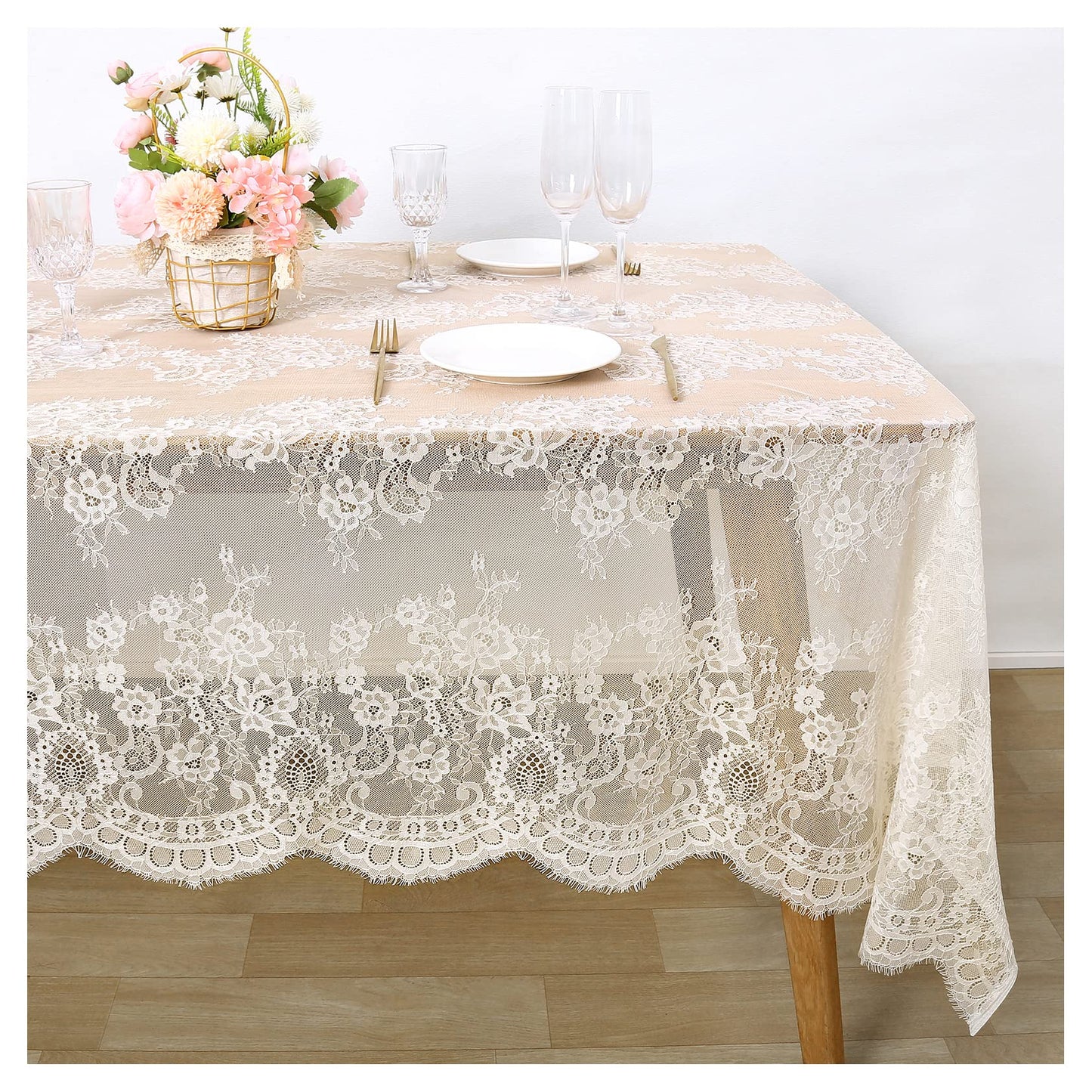Fanqisi Ivory Lace Tablecloth 60x120 Inches Classic Wedding Lace Tablecloths Overlay Party Table Cover for Bridal Shower Reception Table Decoration