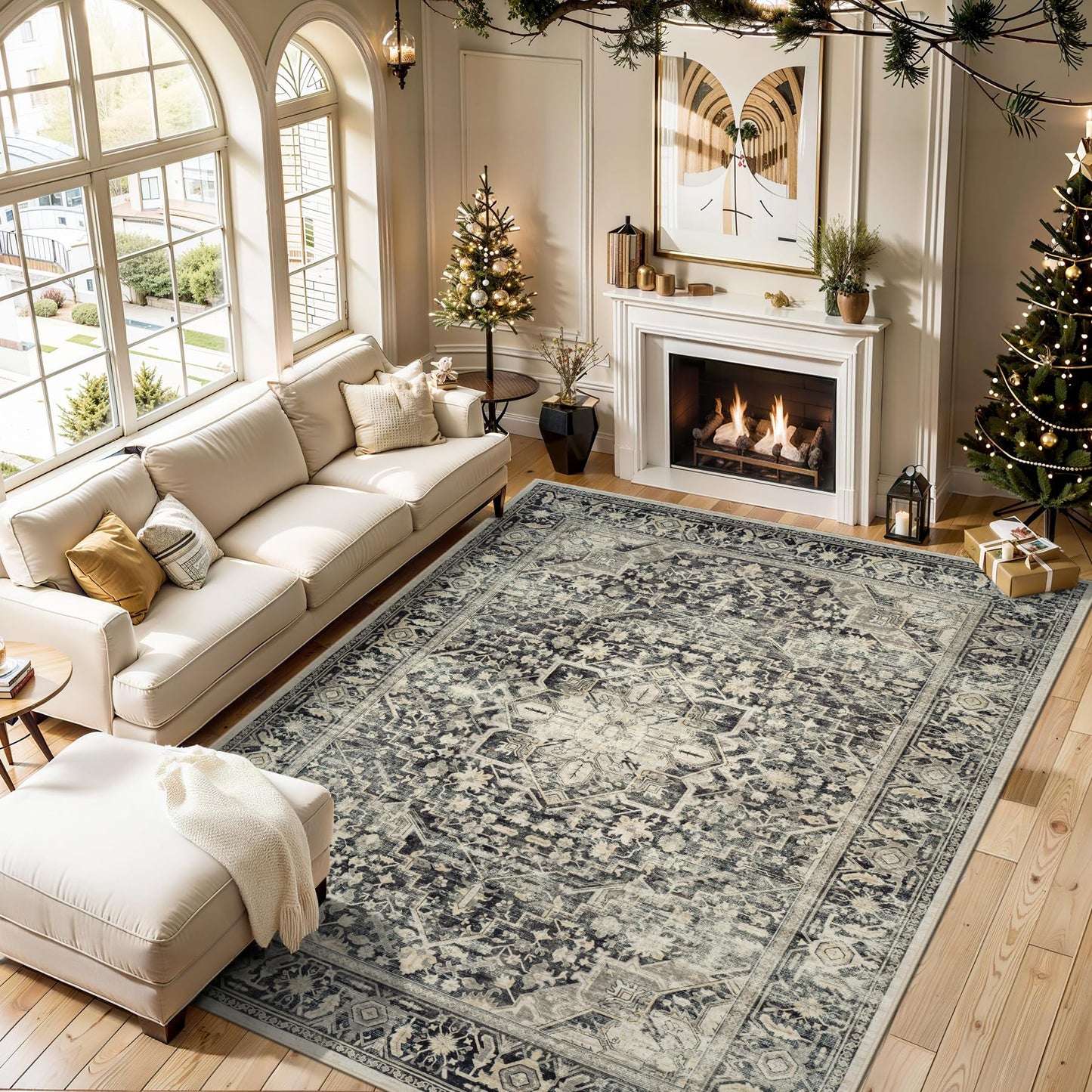 Tosuoka Area Rugs 9x12 Living Room Rug, Vintage Washable Rug Light Beige | Super Soft Bedroom Rug, Non-Slip Backing, Stain Resistant, Low-Pile, Large, Indoor Carpet for Dining Room Nursery Home Office