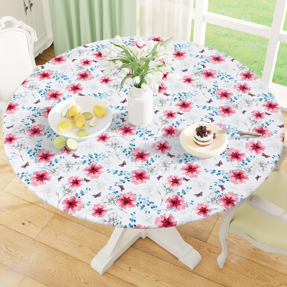 Round Fitted Tablecloth with Elastic Edge, 100% Waterproof Oil Proof Plastic Table Cover, Vinyl Flannel Backed Tablecloth Fits 36"-44" Round Tables for Dinner, Outdoor, Picnic, Oak Wooden Grain