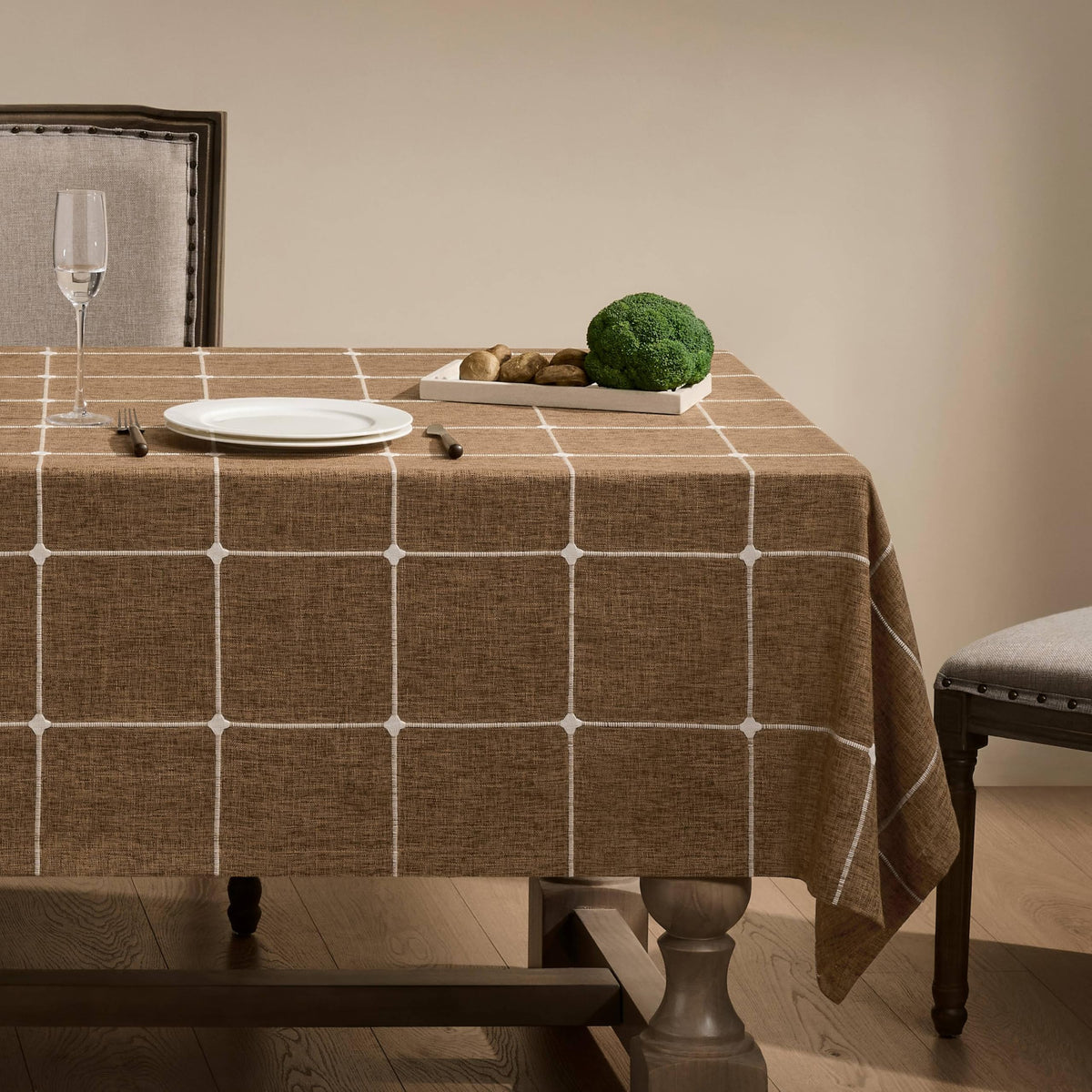 Grid Embroidered Rectangle Hemmed Tablecloths 60x120in, Blue | Heavy Weight Non-sheer Linen Fabric, Mitered Corner Finish, Water Resistant Farmhouse Table Cover, Boho Plaid Home Decor