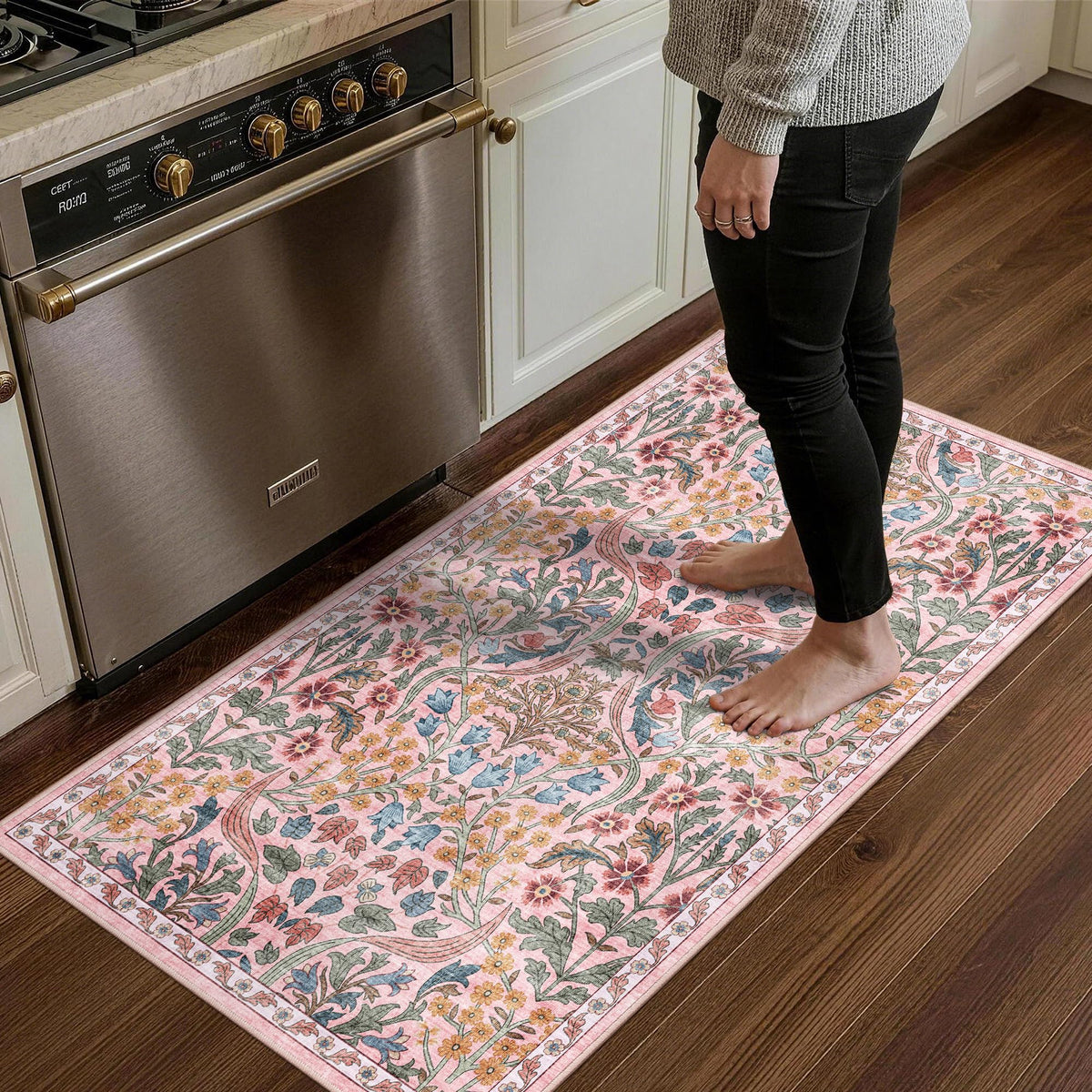 5x7 Washable Area Rug Green Boho Floral for Living Room Bedroom Nursery | Carpet for Dining Room, Soft Low-Pile Non-Slip Faux Wool, Farmhouse Indoor, Kid & Pet Friendly, Stain, Fade & Wear Resistant