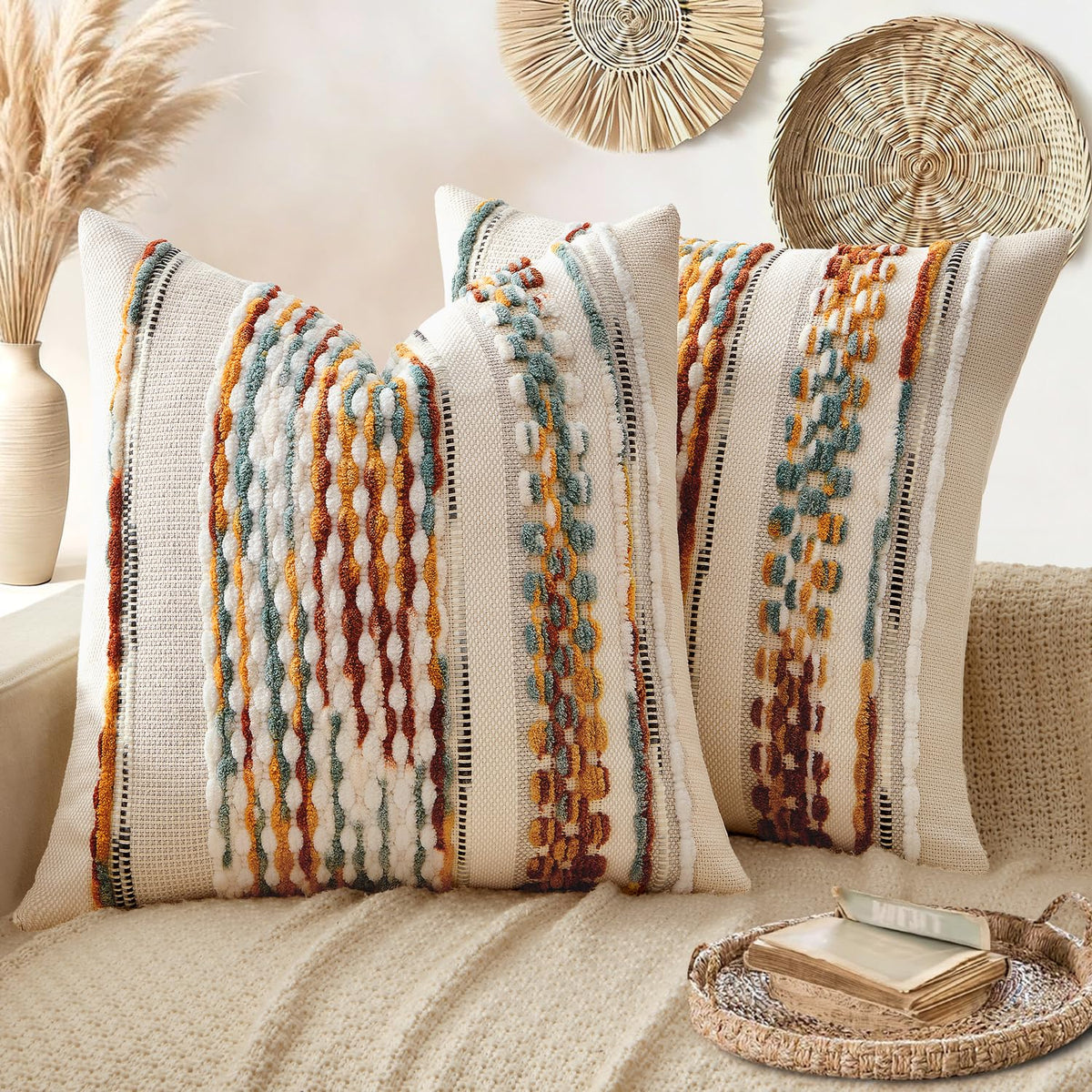 ANRODUO Boho Decorative Pillow Covers Olive Green Stripe 18x18 Pack of 2 | Throw Pillow Covers, Farmhouse Cushion Case, Chenille Pillow Cases, Pillow Covers, Accent Neutral Pillowcase for Couch Bed