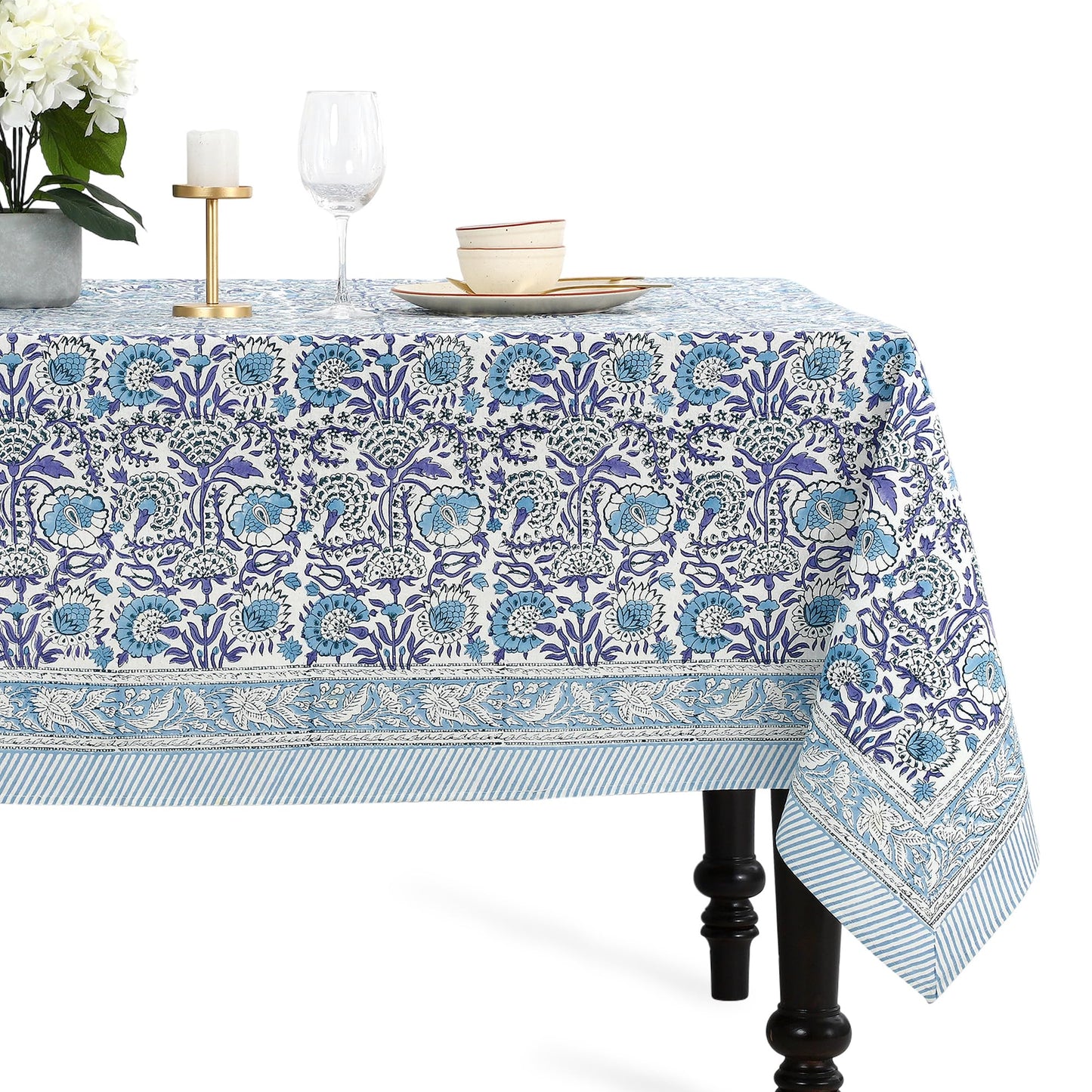 CPC Tablecloth 100% Cotton 70x108 Inch Indian Block Print Rectangle Table Cover, Blue Table Cloth for Weddings, Spring/Summer, Barbeque - Apatite Blue